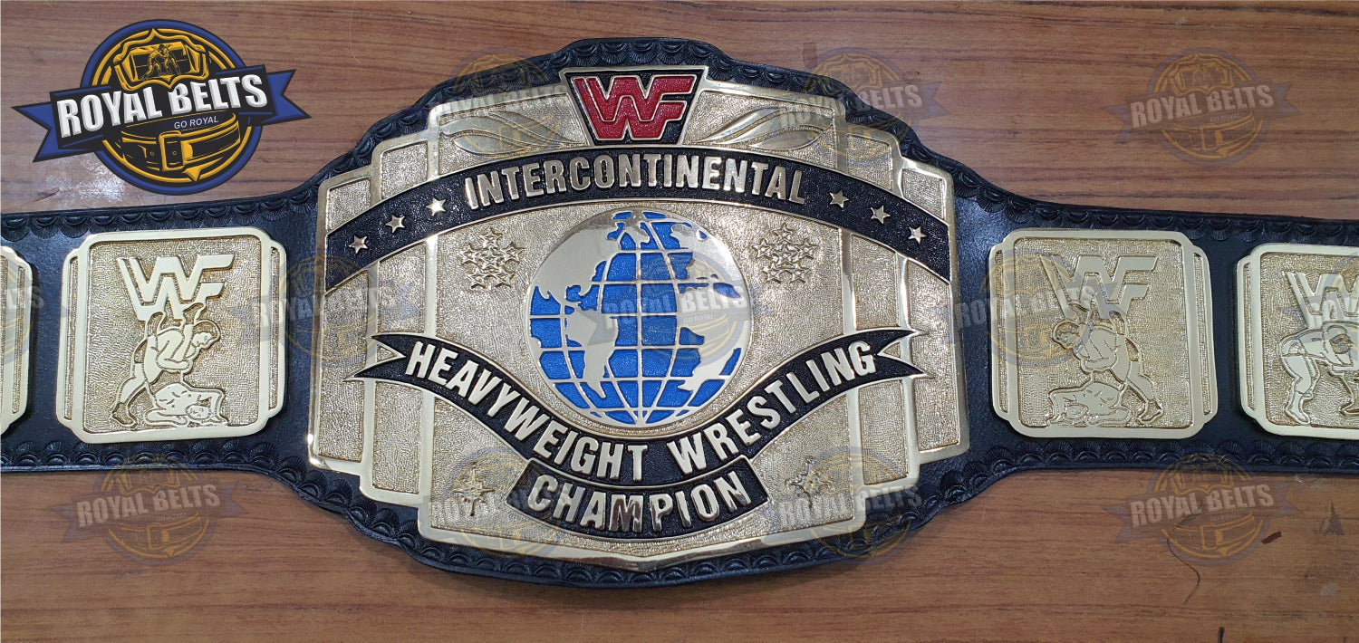 WWF Intercontinental Reg Logo Hand Tooled Diamond Texture Title Belt - Royal Belts