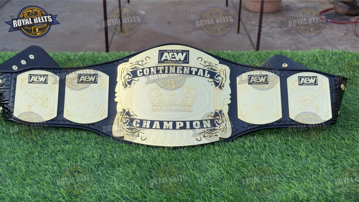 AEW Continental Wrestling Championship Title Belt gold plated center plate, black leather strap, snap closure Made by Royal Belts
