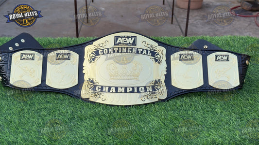 AEW Continental Wrestling Championship Title Belt gold plated center plate, black leather strap, snap closure Made by Royal Belts