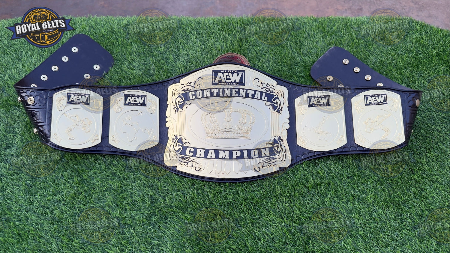 AEW Continental Title Belt polished metal plates, etched side designs, layered engraved center plate Made by Royal Belts