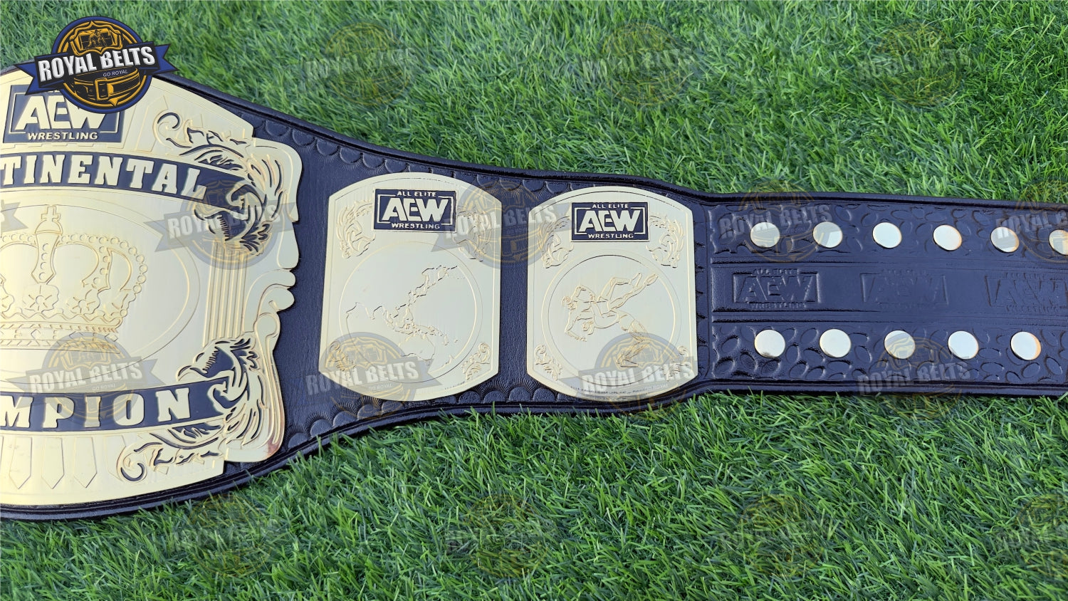 AEW Continental Title Belt bold engraved center plate, polished side panels, reinforced leather strap