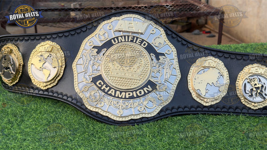 AEW Unified Wrestling Championship Title Belt triple stacked plated, HD CNC, dual finish, black leather strap Manufacture by Royal Belts
