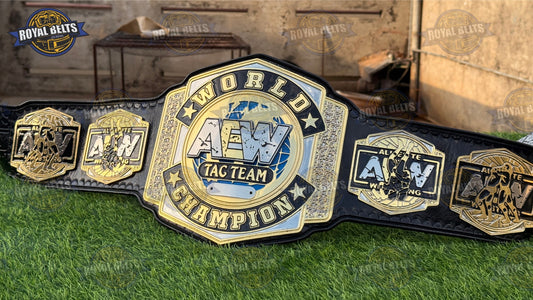 AEW World Tag Team Championship Title Belt gold plated center plate, black leather strap, HD CNC engraved Crafted by Royal Belts