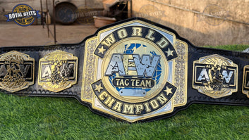 AEW Tag Team Wrestling Belt polished metal plates, raised logo, contoured side plates, adjustable snap strap Crafted by Royal Belts