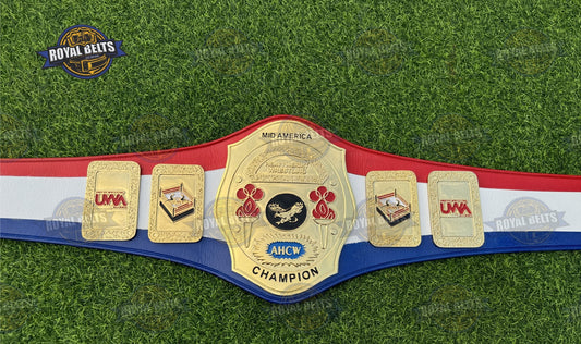 AHCW Mid-America Wrestling Champion title belt with detailed metal plates Manufacture by Royal Belts 
