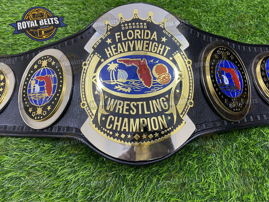 AWA Florida Heavyweight Belt stacked plated center, engraved, black leather strap, chrome side panels Made by Royal Belts