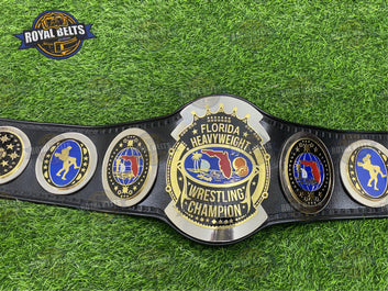 AWA Florida Wrestling Championship Belt raised 3D logo, layered plates, stitched premium black leather Made by Royal Belts