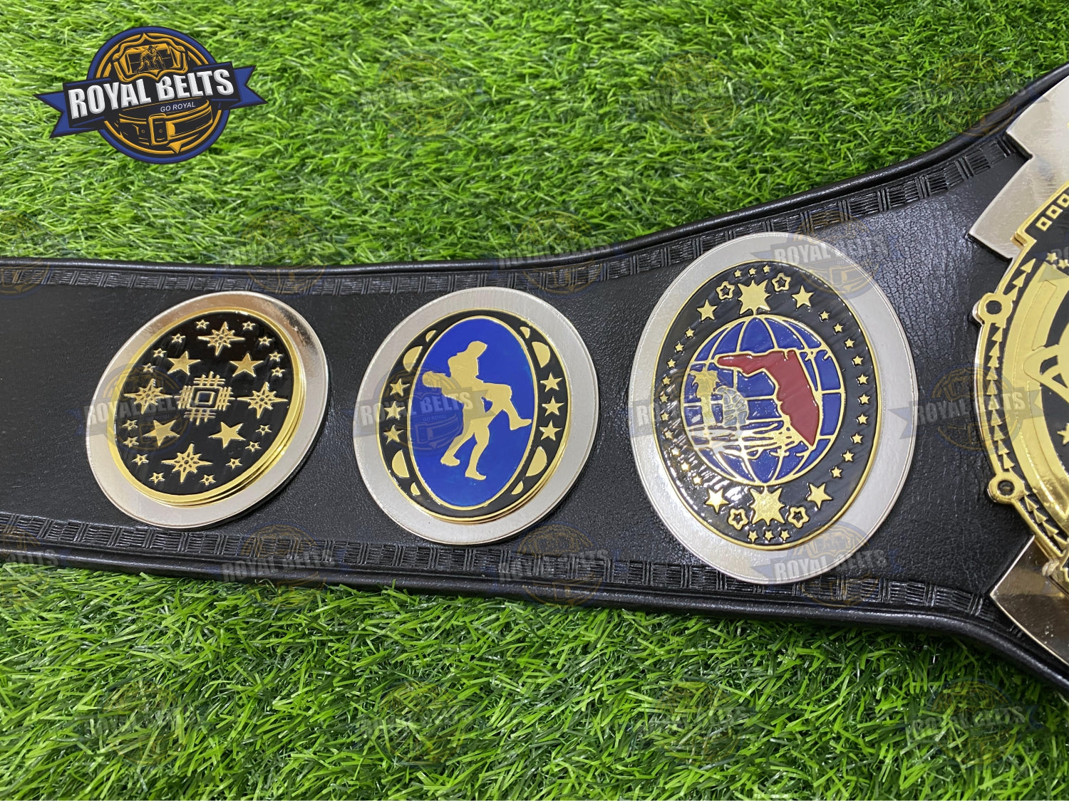 AWA Florida Wrestling Title Belt raised gold center, multi level metal plates, stitched black strap