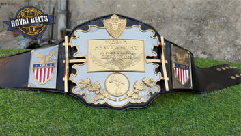 AWA Heavyweight Title Belt multi level stacked plates, engraved center logo, stitched adjustable strap Crafted by Royal Belts