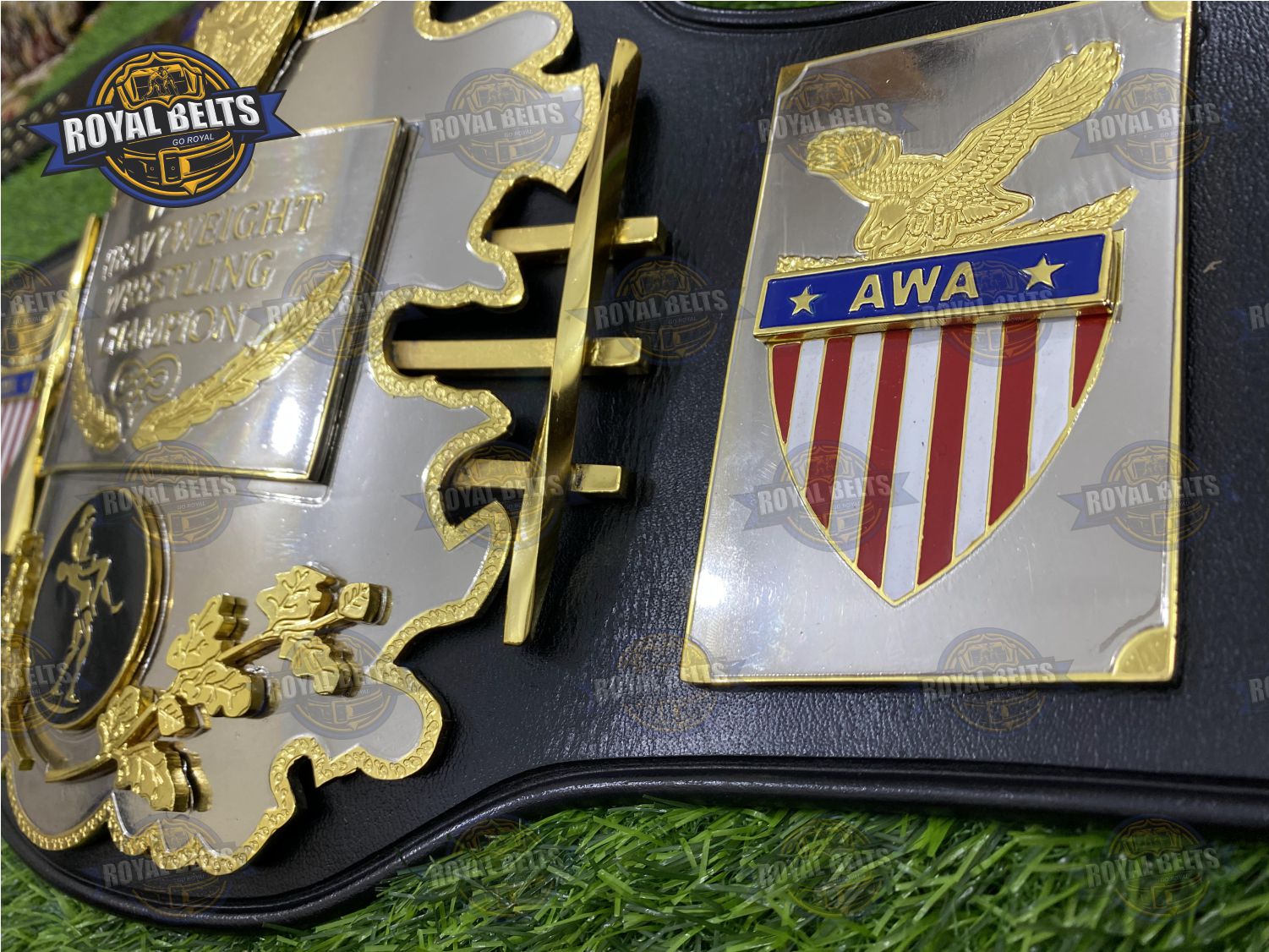 AWA World Title Belt Zinc Plated engraved center plate heavyweight replica