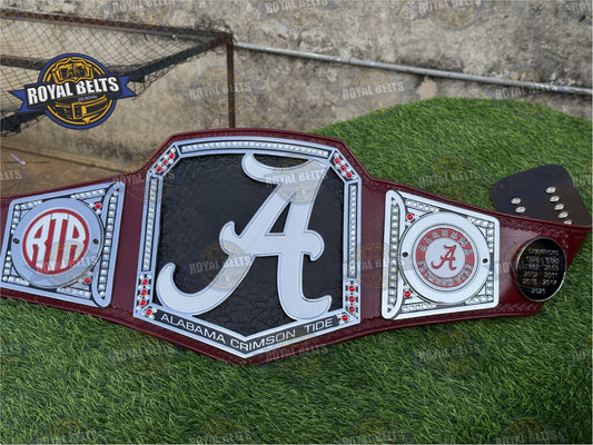 Alabama Roll Tide Football Title Belt with nickel plates and Alabama Crimson Tide belt design for NCAA fans Made by Royal Belts 