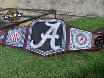 Alabama Crimson Tide belt featuring Roll Tide football belt styling and gold title plates Crafted by Royal Belts 