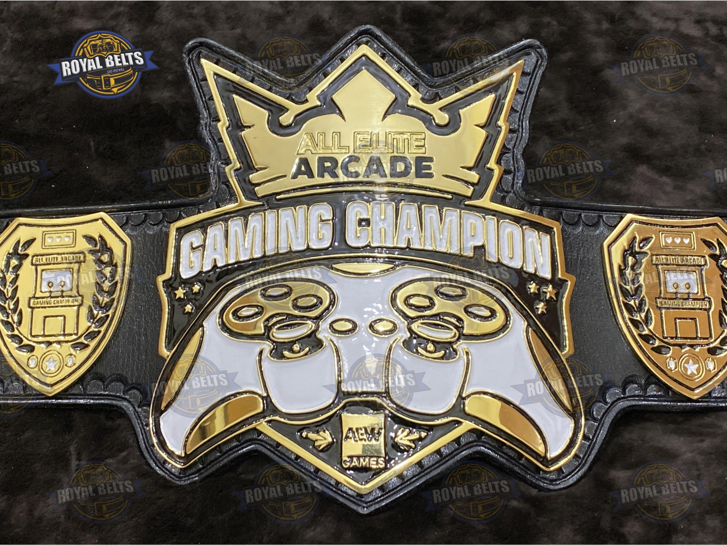 All Elite Arcade custom gaming championship belt with gold plates and black leather strap Made by Royal Belts