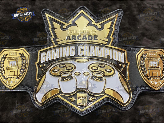 All Elite Arcade custom gaming championship belt with gold plates and black leather strap Made by Royal Belts