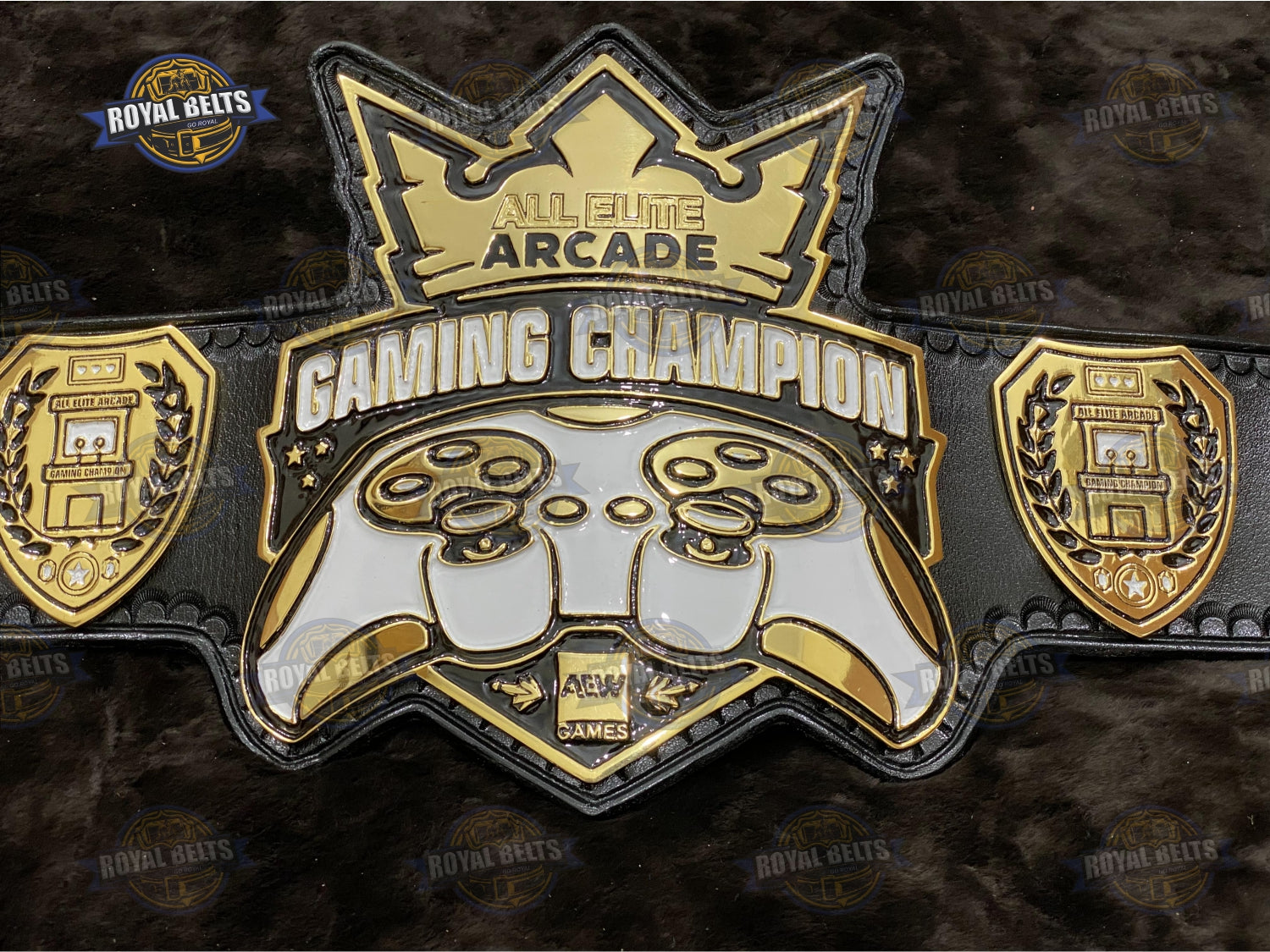 All Elite Arcade gaming title belt featuring engraved center plate and polished gold finish Crafted by Royal Belts