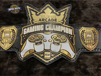 All Elite Arcade gaming title belt featuring engraved center plate and polished gold finish Crafted by Royal Belts