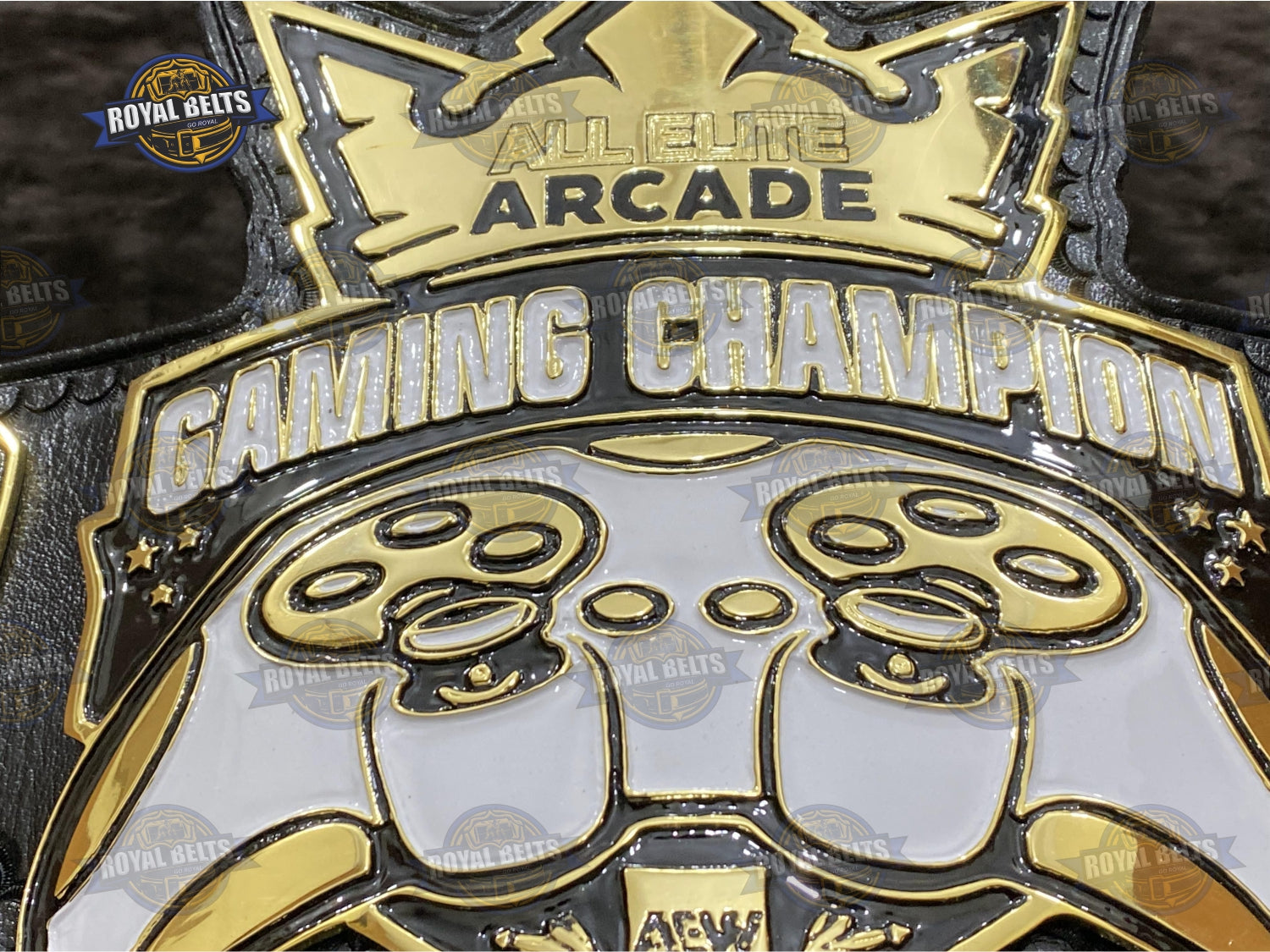 Custom gaming championship belt with layered metal plates and adjustable snap closure Handmade by Royal Belts