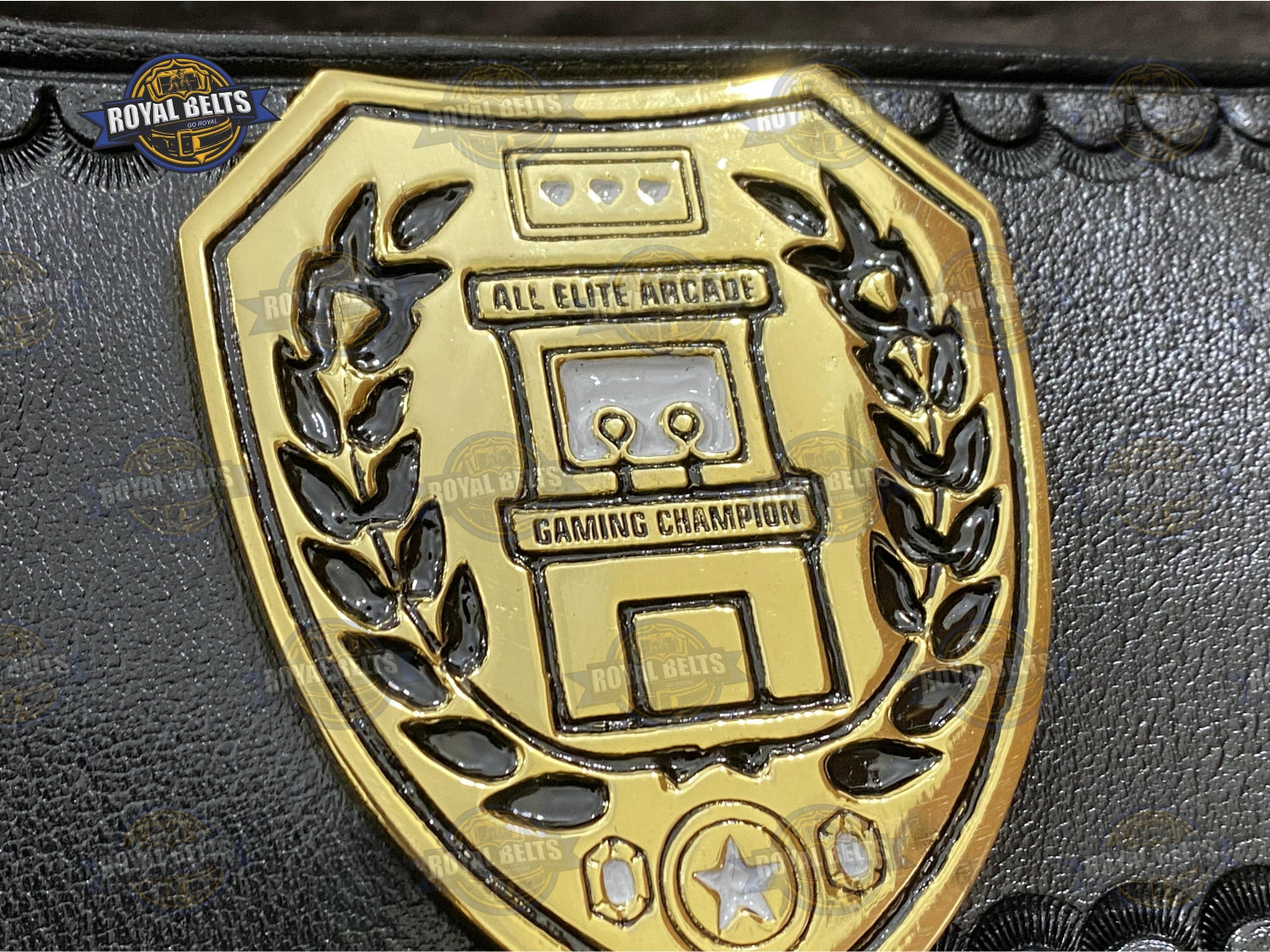 Gaming title belt with premium stitched leather and deep etched plate details