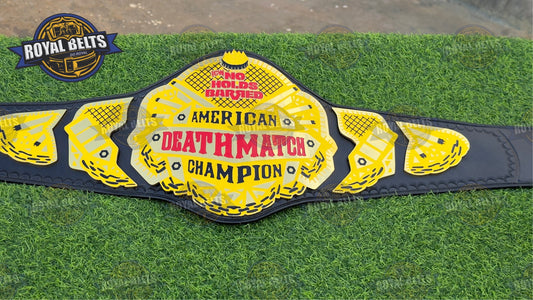 American Deathmatch Wrestling Belt stacked metal plates, engraved center, black leather strap, snap closure Crafted by Royal Belts