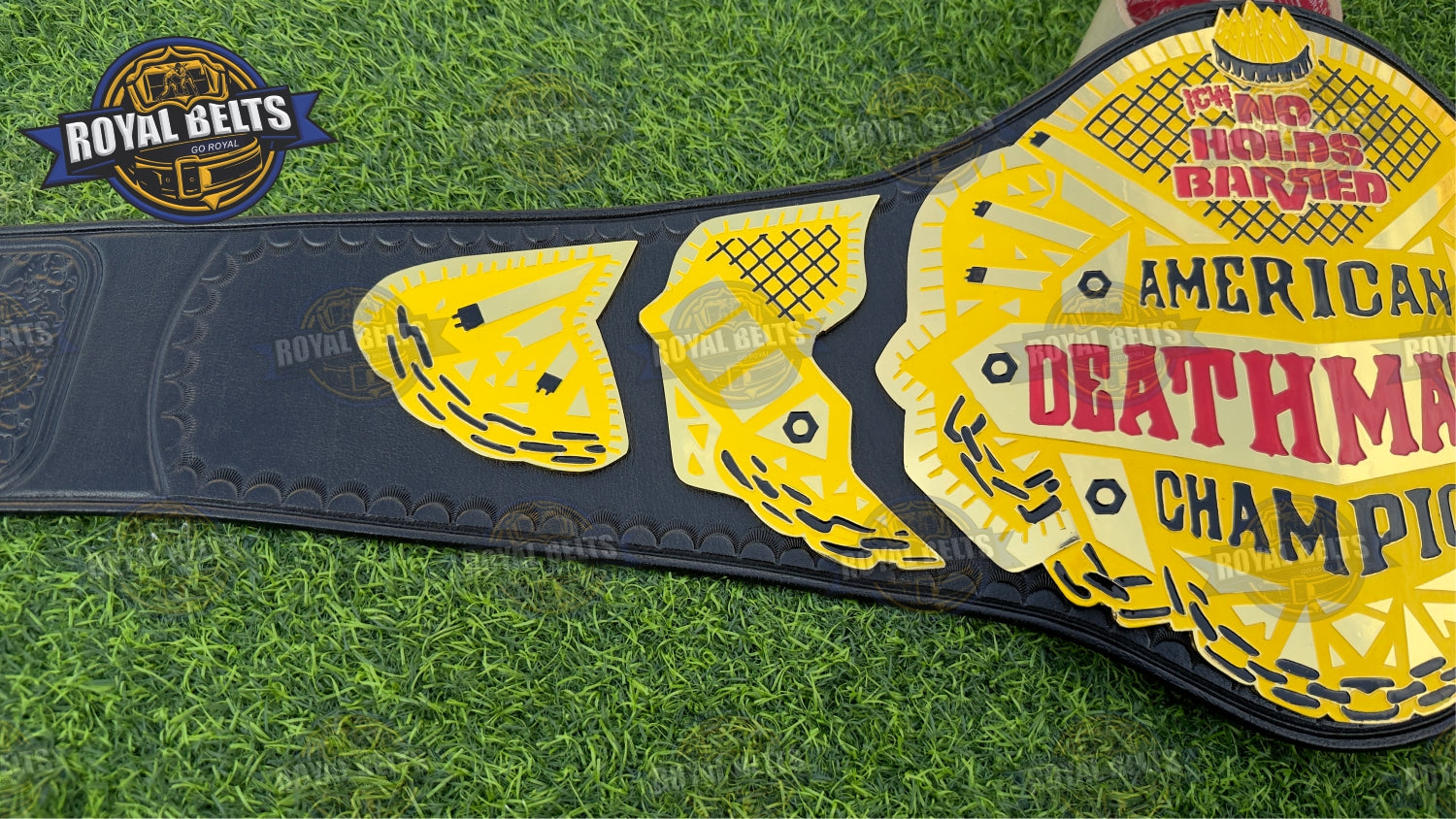 American Deathmatch Wrestling Belt mirrored gold plated center, stacked metal plates, reinforced strap