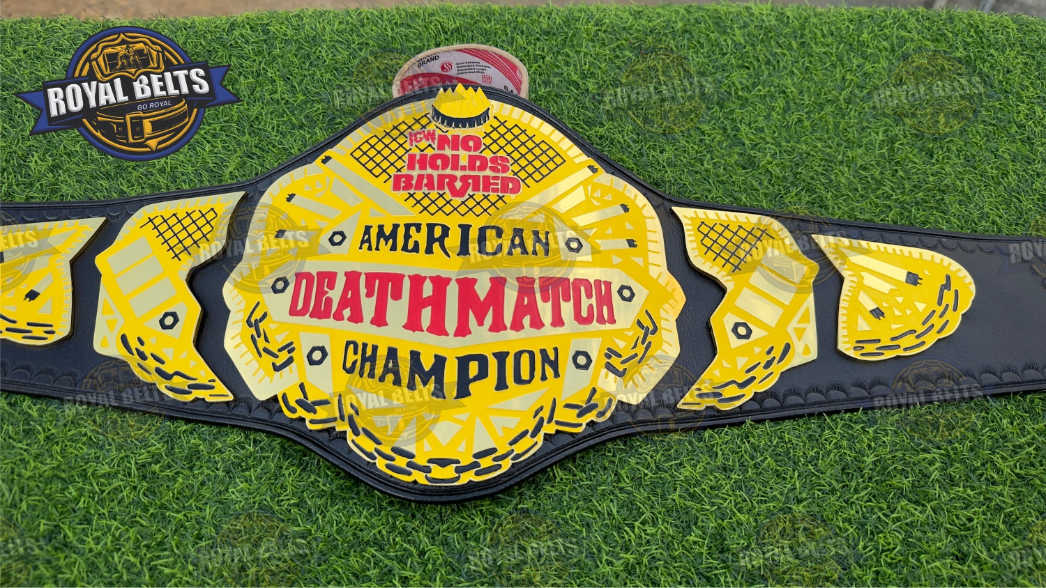 American Deathmatch Belt embossed letters, stacked plated center, polished metal edges