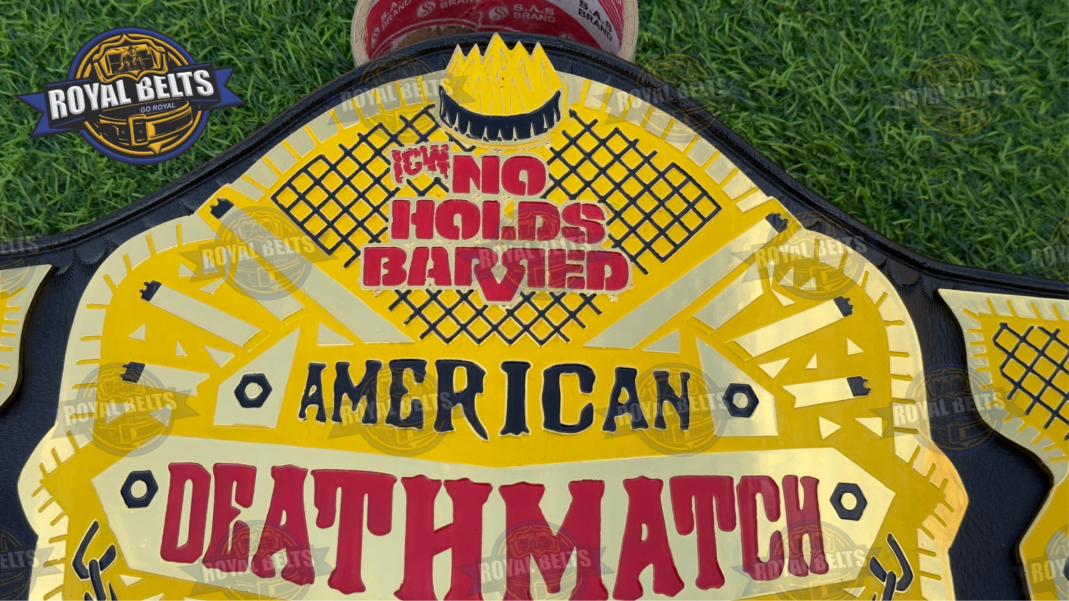 American Deathmatch Wrestling Belt raised gold center, multi level plates, stitched black leather