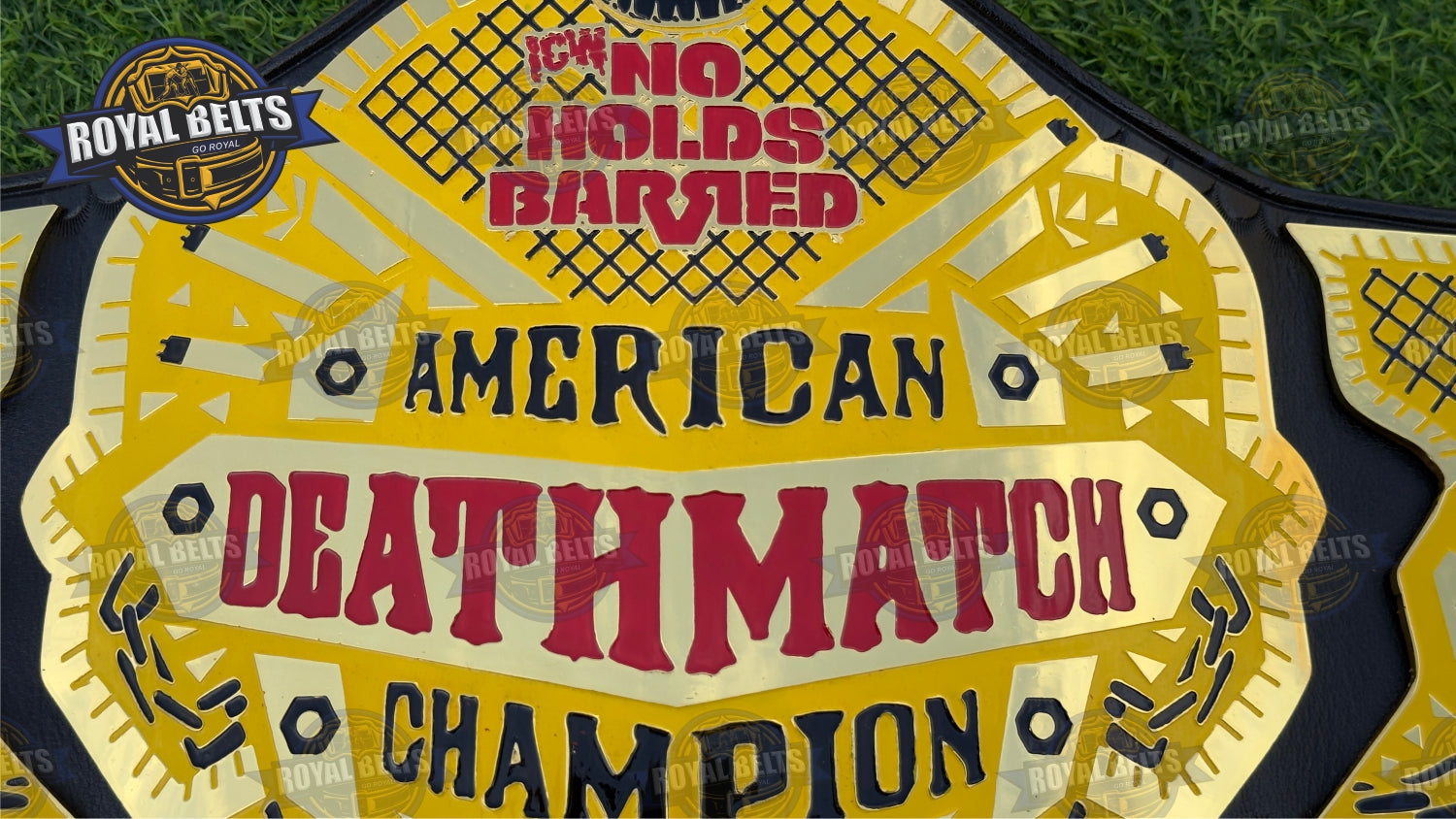 American Deathmatch Wrestling Championship Belt stacked plated center, beveled edges, bold engraved letters