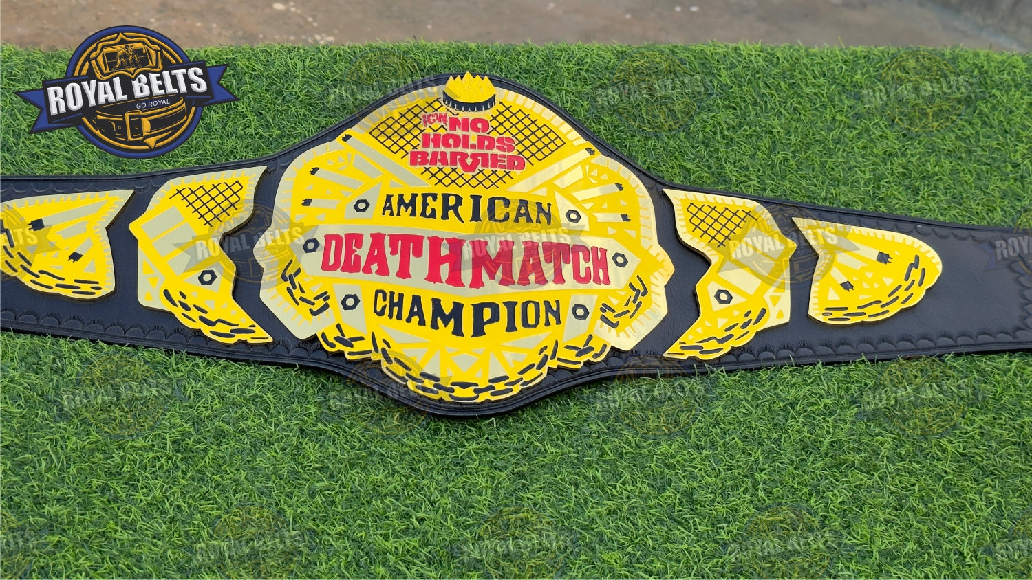 American Deathmatch Belt HD CNC engraved side panels, raised center logo, black stitched strap