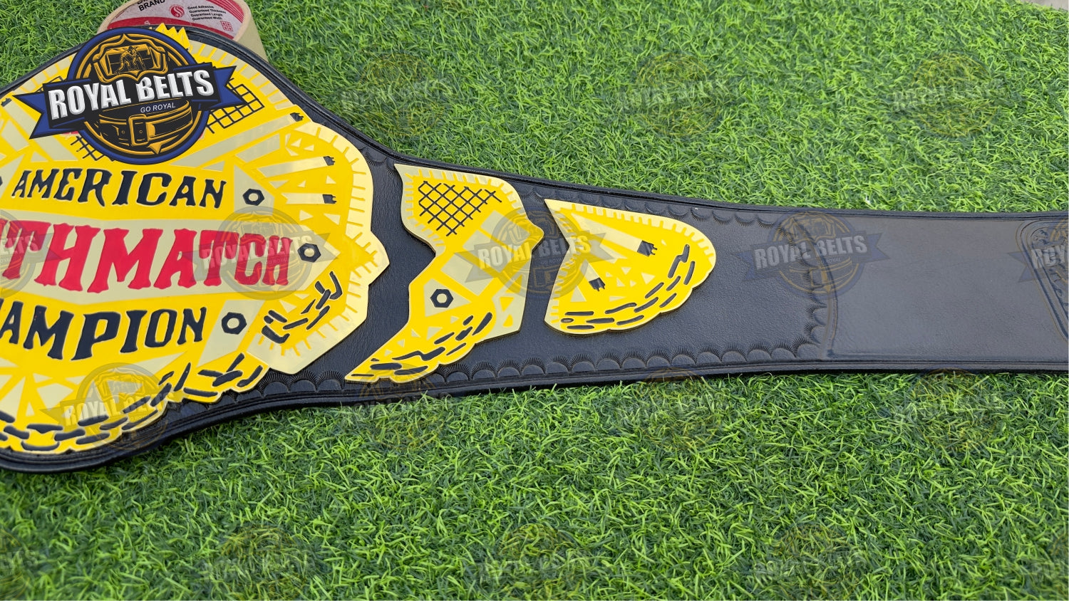 American Deathmatch Championship Belt mirror polished center, embossed lettering, layered plates