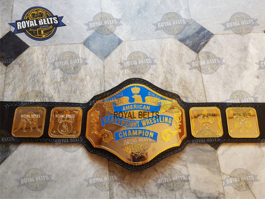 American Heavyweight Wrestling Championship Title brass plated belt front view with engraved plates