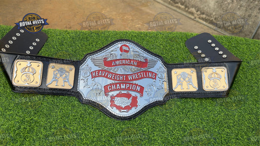American Heavyweight Wrestling Belt HD CNC engraved, chrome plated center, stacked side plates, black leather strap Made by Royal Belts