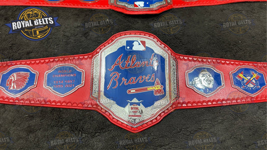 Atlanta Braves MLB Championship Belt chrome plated center plate, engraving, red leather strap, snap closure Made by Royal Belts
