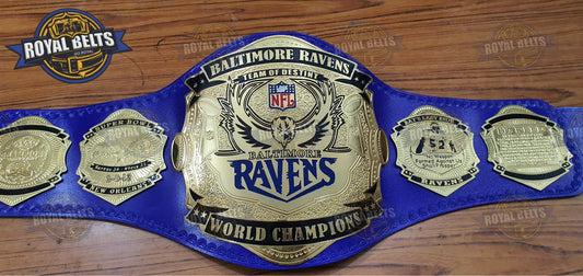 Baltimore Ravens NFL Championship Title Belt with brass plated center plate, blue adjustable strap, engraved logo Manufacture by Royal Belts