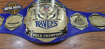 Baltimore Ravens Championship Belt NFL, brass plated gold plates, raised logo design, snap fit leather strap Manufacture by Royal Belts