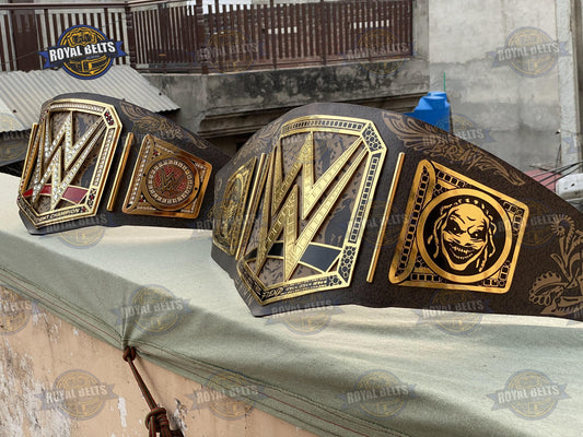 Bray Wyatt custom Universal wrestling belt with gold center plate, black printed strap, snap closure Manufacture by Royal Belts