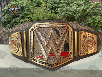 Universal championship belt with Bray Wyatt logo plate, polished gold metal, dark printed leather strap Manufacture by Royal Belts