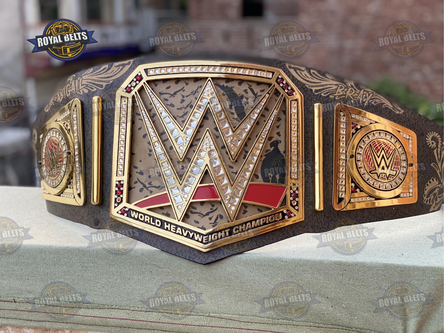 Custom Bray Wyatt wrestling belt featuring raised center emblem, mirror polished plates, stitched printed strap Manufacture by Royal Belts