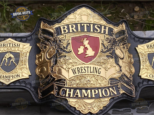 British World custom wrestling championship belt with Union Jack center plate, gold plated metal, black leather Manufacture by Royal Belts