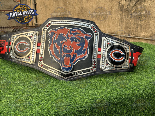 CHICAGO BEARS FOOTBALL Custom Championship Title Belt HD CNC with gold center plate and black leather strap Made by Royal Belts