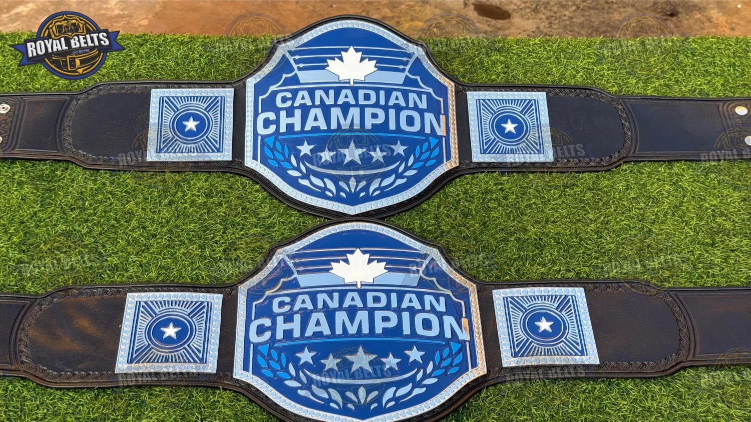 Canadian custom wrestling championship belt with maple leaf center plate, chrome plated brass, black leather Manufacture by Royal Belts