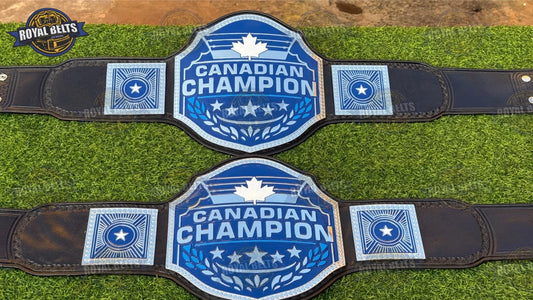 Canadian custom wrestling championship belt with maple leaf center plate, chrome plated brass, black leather Manufacture by Royal Belts
