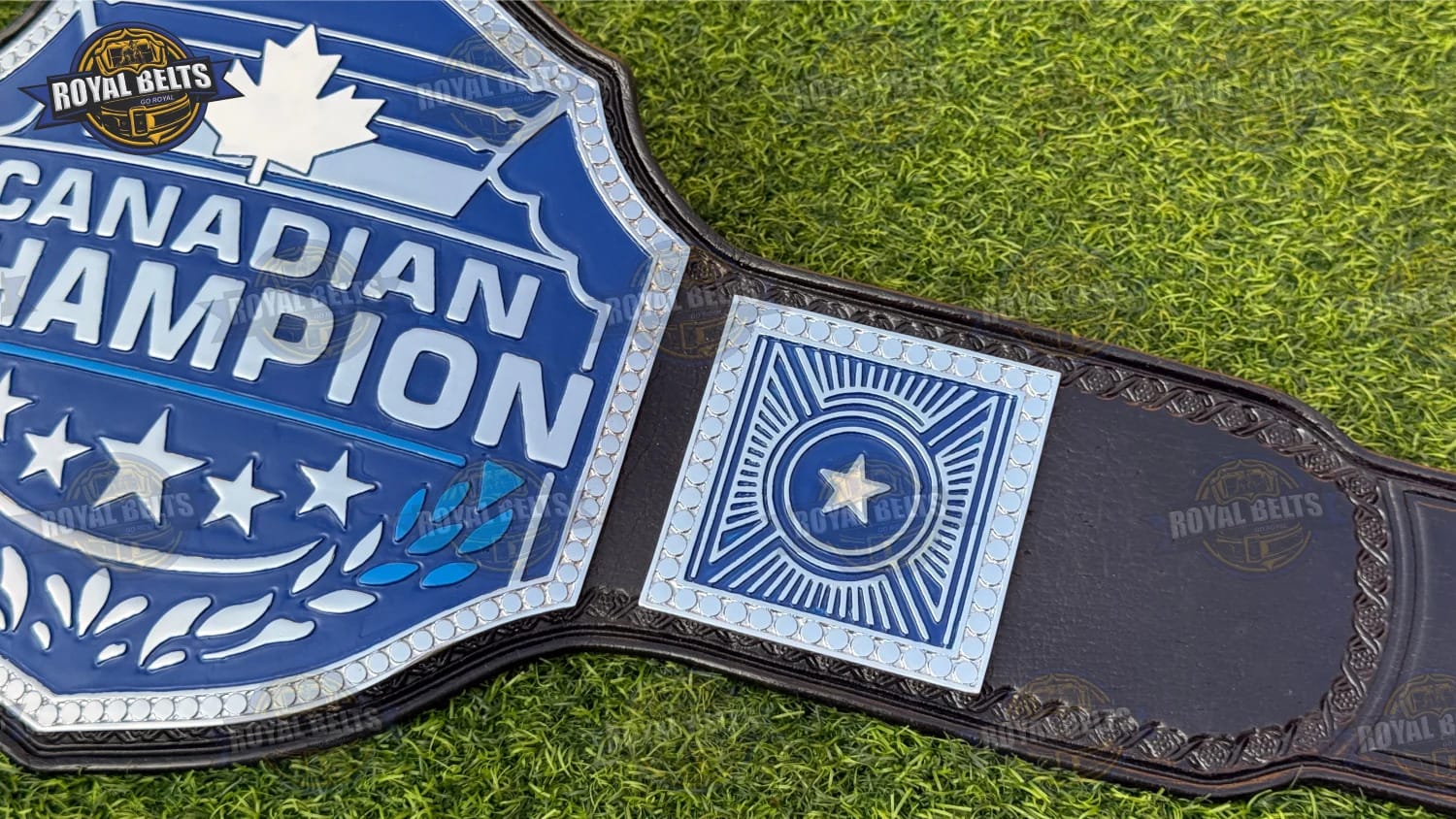 Canadian championship title belt with ornamental side plates, polished zinc finish, genuine leather