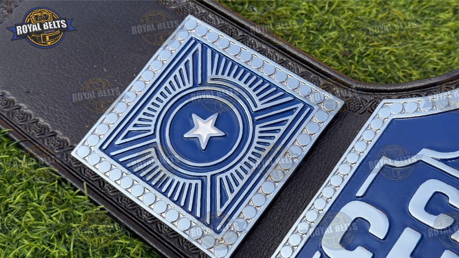 Custom Canadian wrestling belt with deep etched maple center plate, luxury zinc metal, leather strap