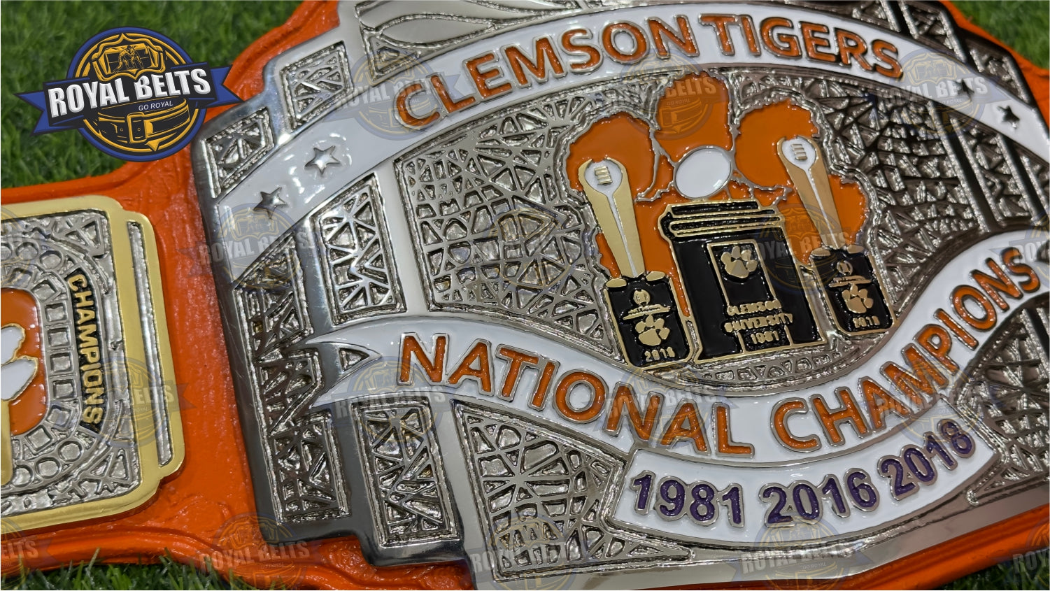 Clemson Tiger University Title Belt detailed metal plates championship design 