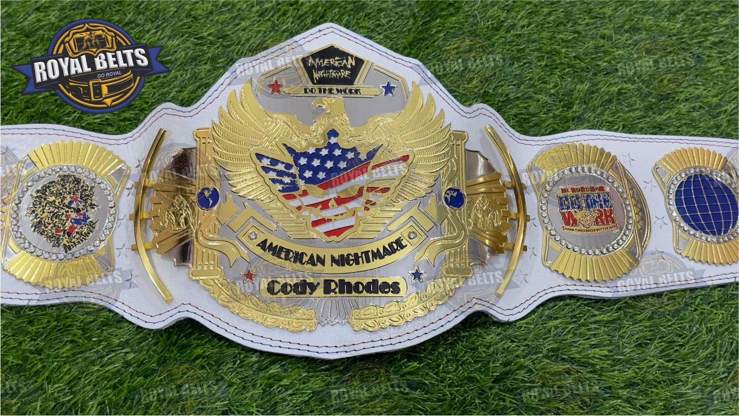 Cody Rhodes American Title Belt brass plated belt replica with stacked plates and detailed metal design Designed by Royal Belts