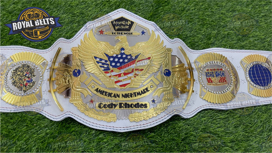 Cody Rhodes American Title Belt brass plated belt replica with stacked plates and detailed metal design Designed by Royal Belts