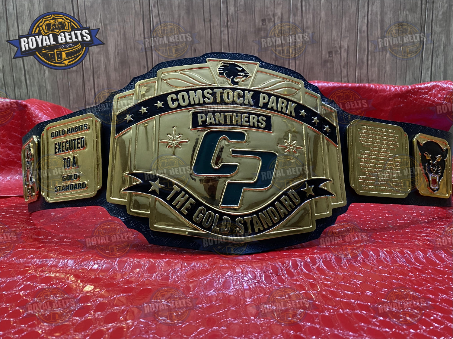 Comstock Park Panthers Title Belt zinc plated with stacked metal plates and custom team design Handmade by Royal Belts