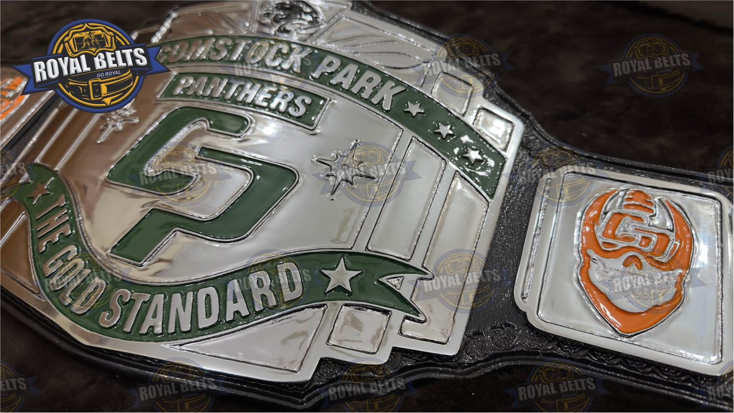Comstock Park Panthers Title Belt custom zinc plated belt with leather strap Made by Royal Belts
