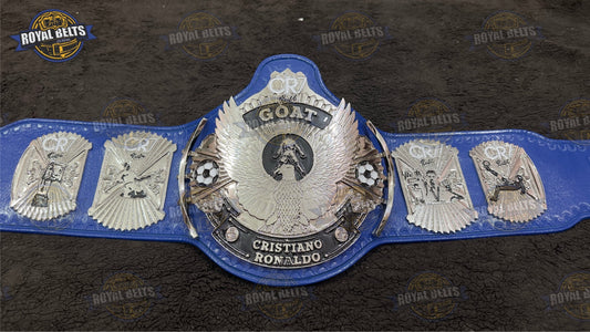 Cristiano Ronaldo custom football champion belt with CR7 logo, nickel plates, blue leather strap Made by Royal Belts