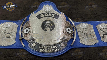 Cristiano Ronaldo football title belt featuring engraved CR7 emblem and polished nickel finish Crafted by Royal Belts